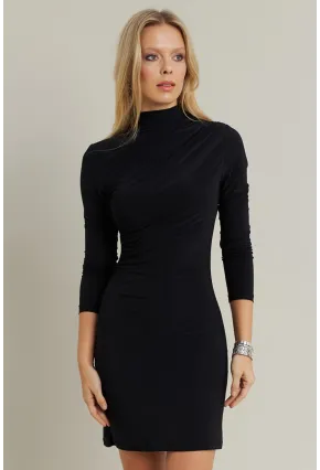 Kadın Siyah Büzgülü Dik Yaka Mini Elbise ELT3138-90