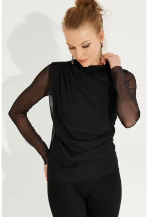 Kadın Siyah Büzgülü Drapeli Tül Bluz LPP1244
