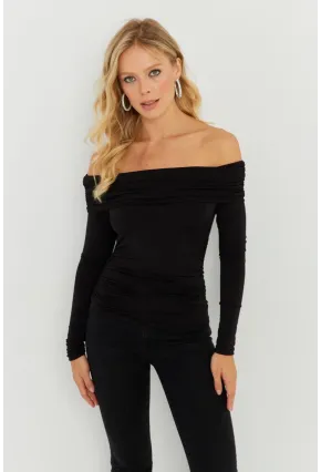 Kadın Siyah Büzgülü Madonna Bluz MON1119