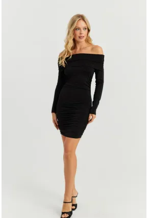 Kadın Siyah Büzgülü Madonna Mini Elbise MON1118