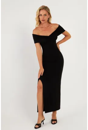 Kadın Siyah Büzgülü Midi Elbise DMR965
