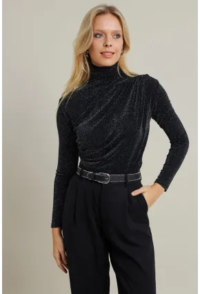 Kadın Siyah Büzgülü Simli Bluz ELT3568