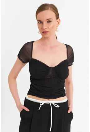 Kadın Siyah Büzgülü Tül Crop Bluz TPG04