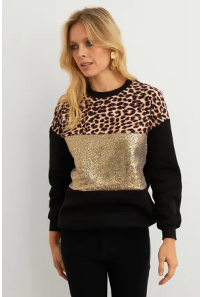 Kadın Siyah-Camel Bloklu Sweatshirt MST098