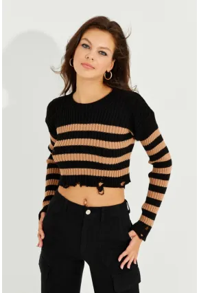 Kadın Siyah-Camel Çizgili Yırtık Crop Kazak SF2200