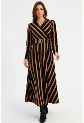 Kadın Siyah-Camel Kruveze Kemerli Maxi Elbise VTN4