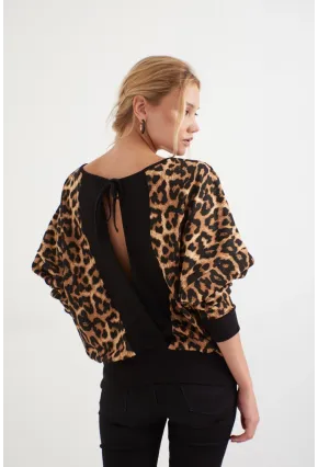 Kadın Siyah -Camel Leopar Desenli Sırtı Açık Yarasa Kol Sweatshirt B161