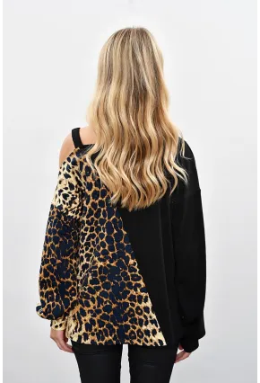 Kadın Siyah-Camel Tek Omuzu Açık Kontrast Sweatshirt Yİ1683