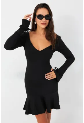 Kadın Siyah Çan Kol Mini Elbise CG386