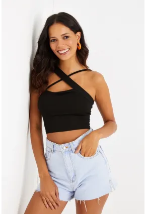 Kadın Siyah Çapraz Askı Viskon Crop Bluz B1601