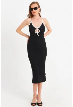 Kadın Siyah Çapraz Askılı Midi Elbise OR2452