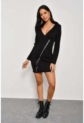 Kadın Siyah Çapraz Fermuarlı Kapüşonlu Sweat Elbise B61
