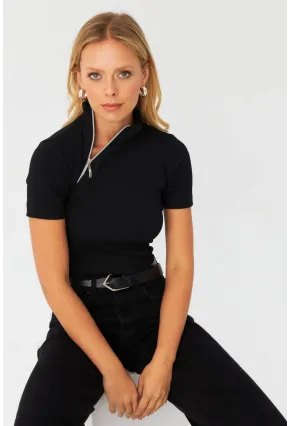 Kadın Siyah Çapraz Fermuarlı Kaşkorse Bluz EY3000