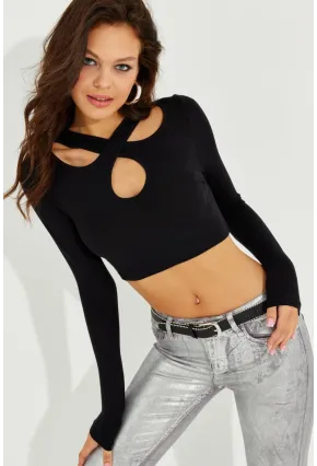 Kadın Siyah Çapraz Yaka Crop Bluz B2746