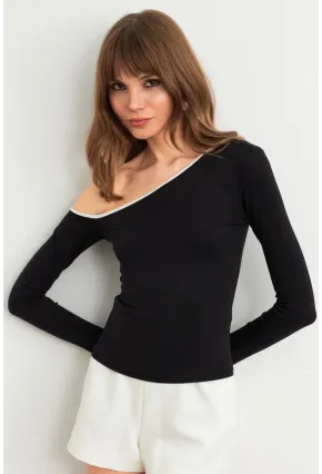 Kadın Siyah Çapraz Yaka Crop Bluz HOR0060
