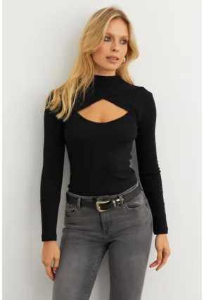 Kadın Siyah Çapraz Yaka Pencereli Kaşkorse Bluz AYD401