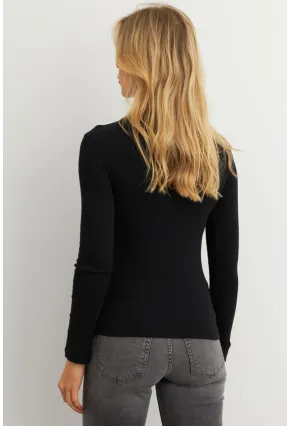 Kadın Siyah Çapraz Yaka Pencereli Kaşkorse Bluz AYD401