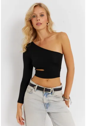 Kadın Siyah Çapraz Yaka Pencerli Crop Bluz CG366