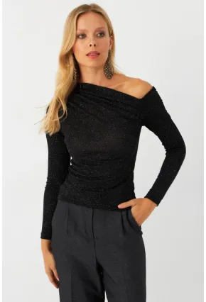 Kadın Siyah Çapraz Yaka Simli Bluz ERL10060
