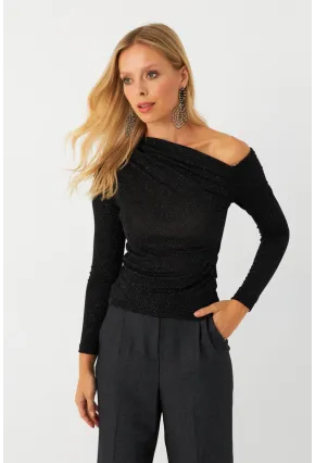 Kadın Siyah Çapraz Yaka Simli Bluz ERL10060
