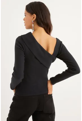 Kadın Siyah Çapraz Yaka Triko Bluz SF12047
