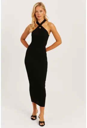 Kadın Siyah Çapraz Yaka Triko Elbise YZ630