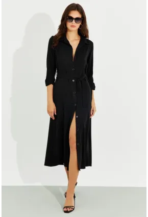 Kadın Siyah Cepli Gömlek Midi Elbise BK1683