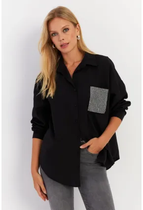Kadın Siyah Cepli Taşlı Gömlek MZER414