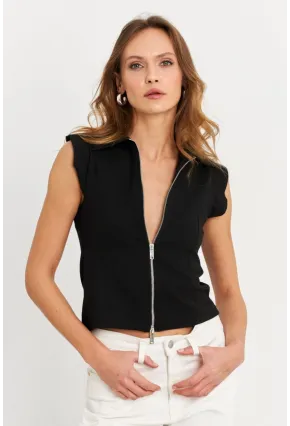 Kadın Siyah Çift Fermuarlı Bluz MOD2352