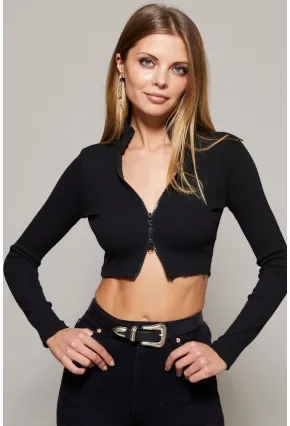 Kadın Siyah Çift Fermuarlı Kısa Bluz B1480