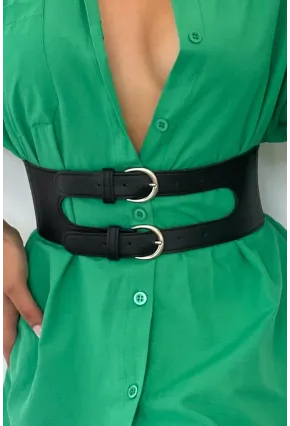 Kadın Siyah Çift Tokalı Lastikli Korse Kemer BE638