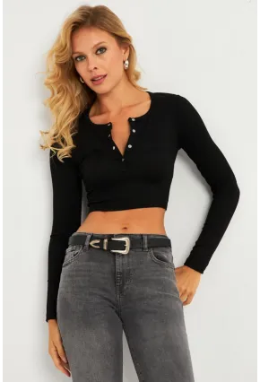 Kadın Siyah Çıtçıtlı Crop Bluz CG379