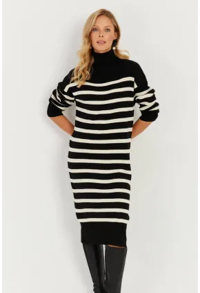Kadın Siyah Çizgili Balıkçı Triko Midi Elbise MSF2539