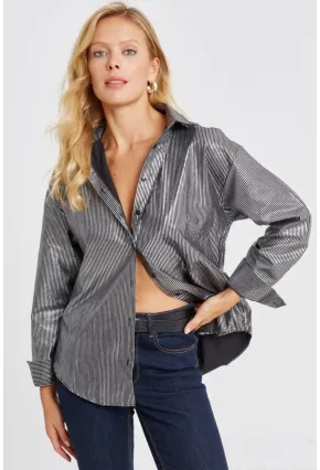 Kadın Siyah Çizgili Parlak Gömlek SF2531