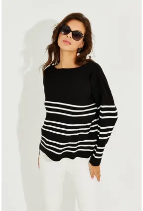 Kadın Siyah Çizgili Triko Kazak SF2188