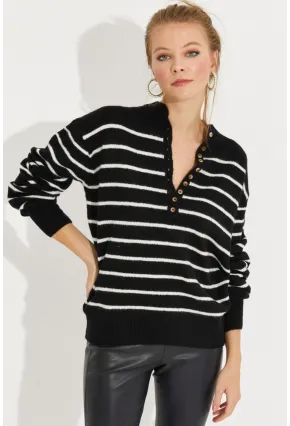 Kadın Siyah Çizgili Triko Kazak SMT219