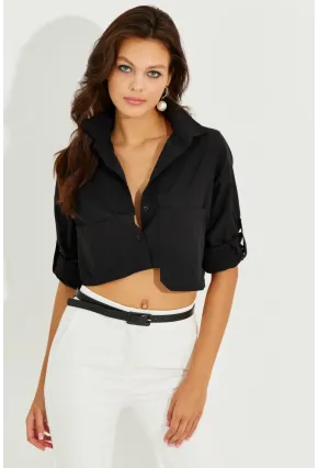 Kadın Siyah Crop Cepli Gömlek TD153