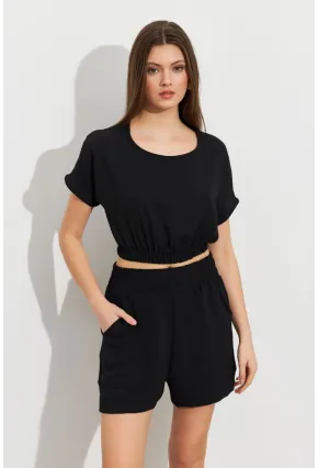 Kadın Siyah Crop Şort Takım Q1014
