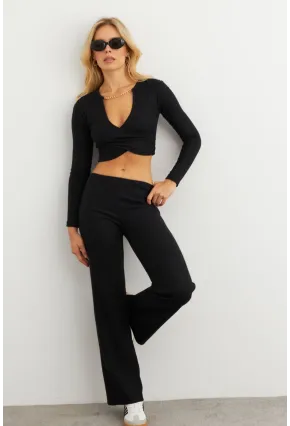 Kadın Siyah Crop Üstlü İkili Pantolon Takım XL10052