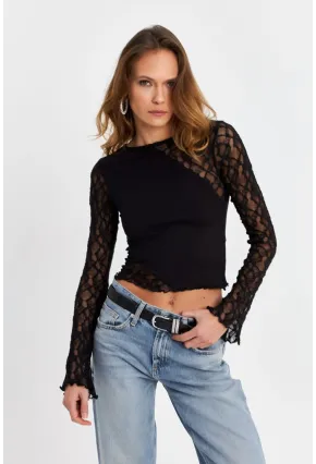 Kadın Siyah Dantel Bloklu Bluz FS9832