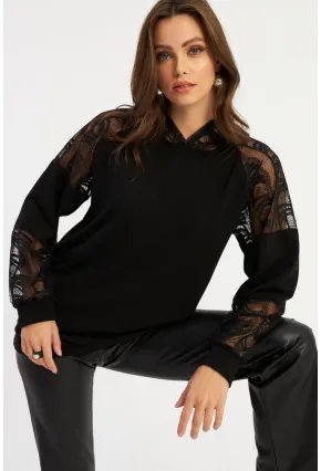 Kadın Siyah Dantel Detaylı Kapüşonlu Sweatshirt BK58