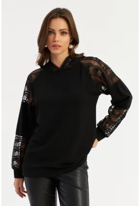 Kadın Siyah Dantel Detaylı Kapüşonlu Sweatshirt BK58