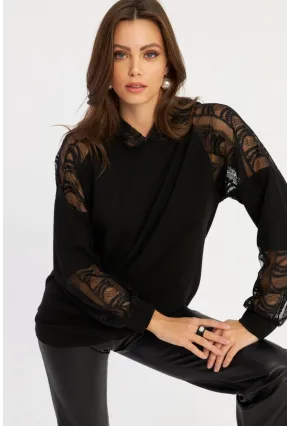 Kadın Siyah Dantel Detaylı Kapüşonlu Sweatshirt MBK58