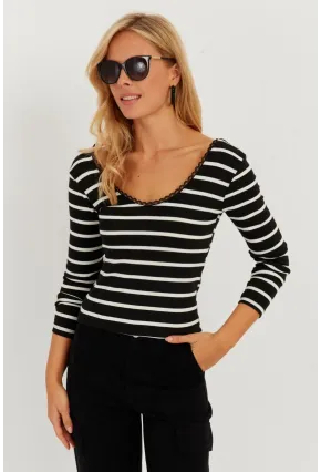 Kadın Siyah Dantel Ve Düğme Detaylı Bluz PP5363