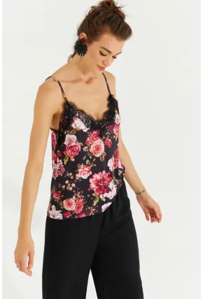 Kadın Siyah Dantelli Askılı Çiçekli Bluz LPP1227