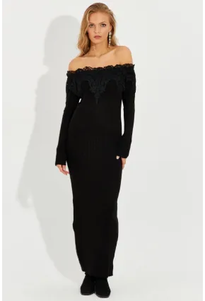 Kadın Siyah Dantelli Triko Maxi Elbise KED123