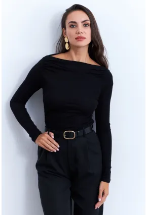Kadın Siyah Degaje Yaka Büzgülü Bluz AYD386