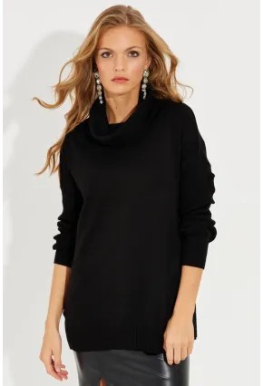 Kadın Siyah Degaje Yaka Cepli Triko Kazak YZ519