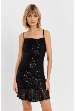 Kadın Siyah Degaje Yaka Pullu Mini Elbise DCF129