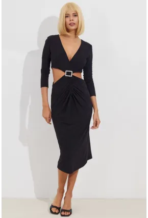 Kadın Siyah Dekolteli Büzgülü Midi Elbise BK1591